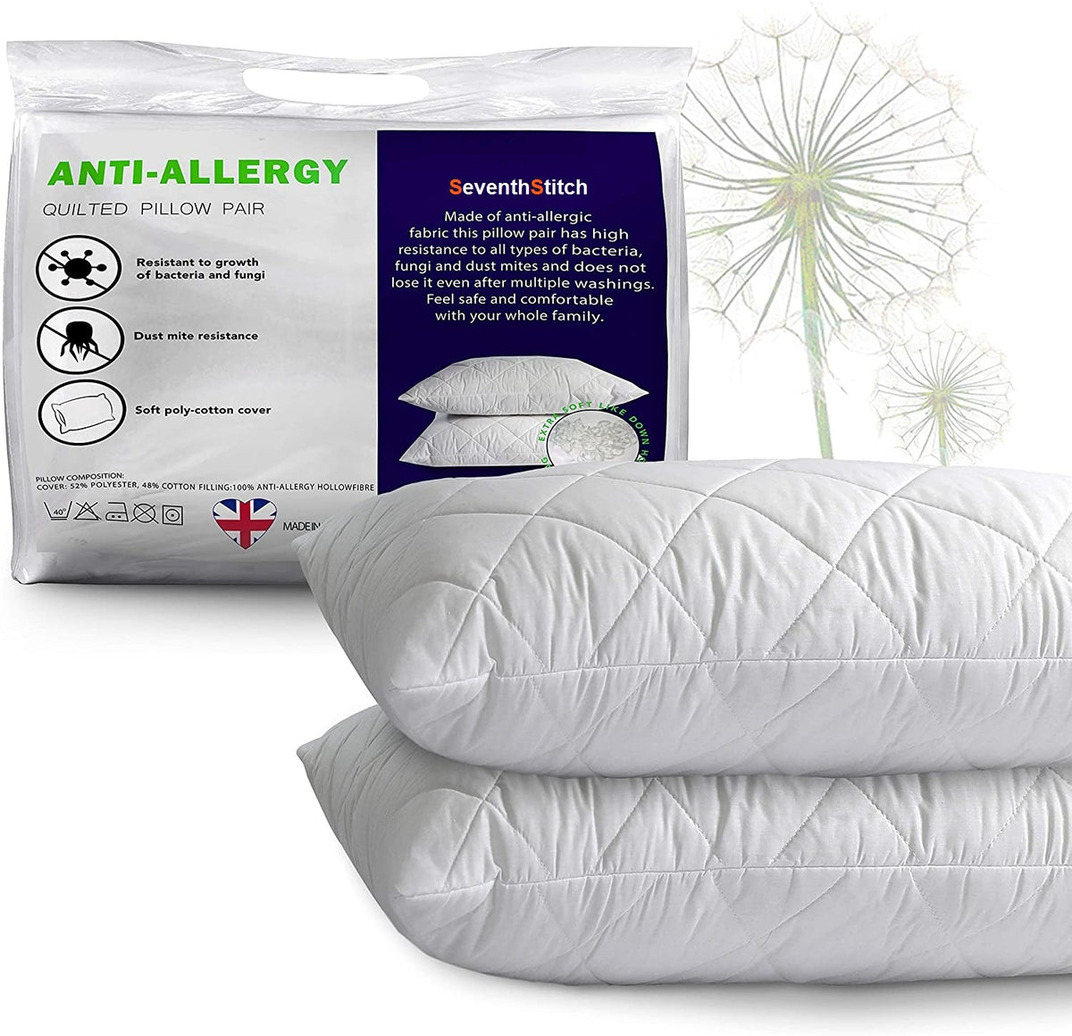 Luxury Pillow 2 Pack With Quilted Cover Hotel Quality Bed Pillows Soft Down Alternative Filled Best for Side, Stomach and Back Sleeper - seventhstitch